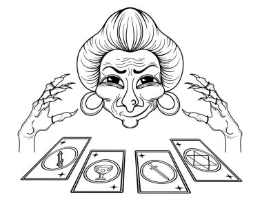   Tarot kartlı yaşlı falcı. Tarot kartlarında beş köşeli yıldız, değnek, kupa, sümük sembolleri vardı. Beyaz arkaplanda izole edilmiş vektör şablonları.
