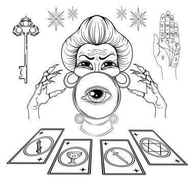   Tarot kartlı yaşlı falcı. Tarot kartlarında beş köşeli yıldız, değnek, kupa, kılıç sembolleri vardı. Beyaz arkaplanda izole edilmiş vektör şablonları.