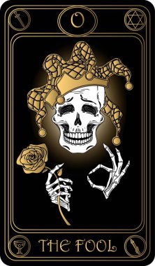   The Fool. Numbered zero card of Major arcana black and gold tarot cards. Tarot deck. Vector hand drawn illustration with skulls, occult, mystical and esoteric  clipart