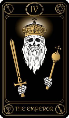   İmparator. Binbaşı Arcana 'nın siyah ve altın tarot kartlarının 4. kartı. Tarot güvertesi. Vektör el, kafatasları, okült, mistik ve esrarengiz sembollerle çizilmiş..