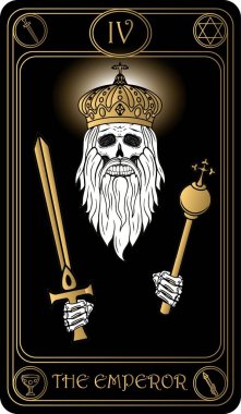   The Emperor. The 4th card of Major arcana black and gold tarot cards. Tarot deck. Vector hand drawn illustration with skulls, occult, mystical and esoteric symbols. clipart