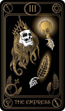   İmparatoriçe. Binbaşı Arcana 'nın siyah ve altın tarot kartlarının üçüncü kartı. Tarot güvertesi. Vektör el, kafatasları, okült, mistik ve esrarengiz sembollerle çizilmiş..