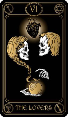   Aşıklar. Binbaşı Arcana 'nın siyah ve altın tarot kartlarının 6. kartı. Tarot güvertesi. Vektör el, kafatasları, okült, mistik ve esrarengiz sembollerle çizilmiş..
