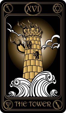   The tower. The 16th card of Major arcana black and gold tarot cards. Tarot deck. Vector hand drawn illustration with skulls, occult, mystical and esoteric symbols. clipart