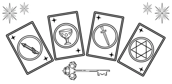   Sihirli tarot kartları seti. Tarot kartlarında beş köşeli yıldız, değnek, kupa, swards sembolleri vardı. Beyaz arkaplanda izole edilmiş vektör şablonları.