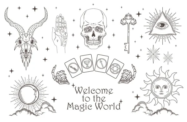 Ensemble Symboles Magiques Signes Ésotériques Inclus Crâne Occulte Symboles Mystiques — Image vectorielle