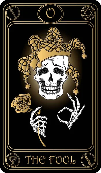 愚か者だ 大Arcana黒と金のタロットカードのゼロカード数 タロットデッキ 頭蓋骨 オカルト 神秘的で密教とベクトル手描きのイラスト — ストックベクタ