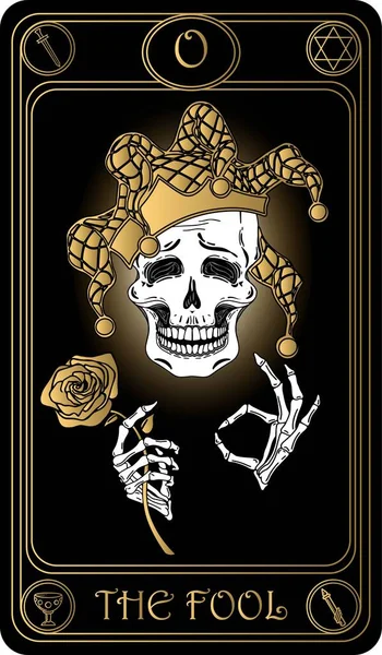   Budala. Binbaşı Arcana 'nın siyah ve altın tarot kartlarının sıfır numaralı kartı. Tarot güvertesi. Kafatasları, okült, mistik ve esrarengiz resimli vektör el çizimi 