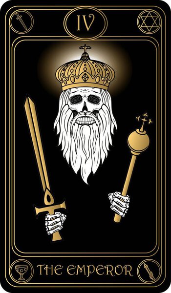   The Emperor. The 4th card of Major arcana black and gold tarot cards. Tarot deck. Vector hand drawn illustration with skulls, occult, mystical and esoteric symbols.