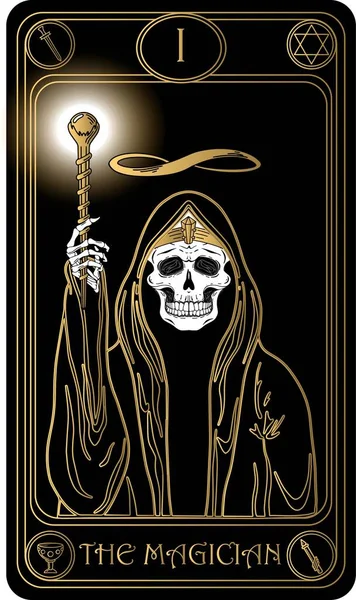   Sihirbaz. Binbaşı Arcana 'nın siyah ve altın tarot kartlarının ilk kartı. Tarot güvertesi. Vektör el, kafatasları, okült, mistik ve esrarengiz sembollerle çizilmiş..