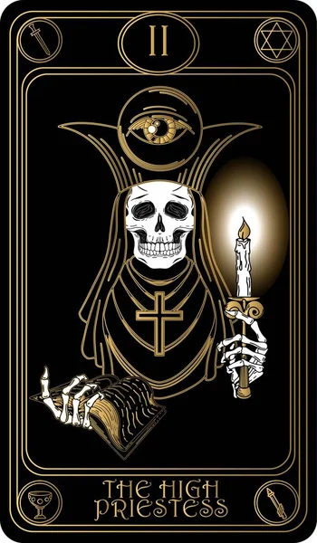   Başrahibe 'yi. Binbaşı Arcana 'nın siyah ve altın tarot kartlarının ikinci kartı. Tarot güvertesi. Vektör el, kafatasları, okült, mistik ve esrarengiz sembollerle çizilmiş..