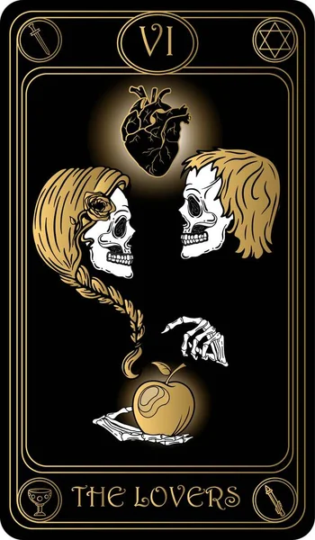 阿尔卡纳少校的第六张牌黑色和金色塔罗牌塔罗牌用骷髅 神秘学 神秘学和深奥的符号绘制矢量手绘图解 — 图库矢量图片