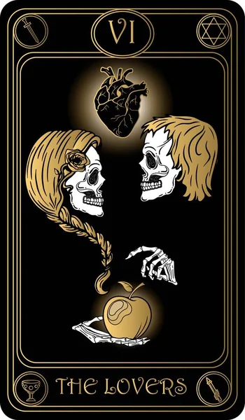   Aşıklar. Binbaşı Arcana 'nın siyah ve altın tarot kartlarının 6. kartı. Tarot güvertesi. Vektör el, kafatasları, okült, mistik ve esrarengiz sembollerle çizilmiş..