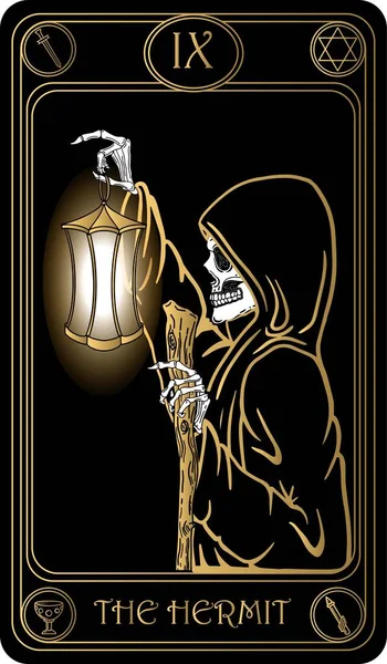 Ermitaño Novena Carta Major Arcana Cartas Del Tarot Negro Oro — Vector de stock