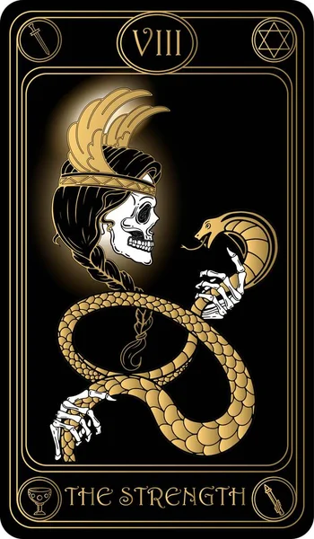   Güç 'ü. Binbaşı Arcana 'nın siyah ve altın tarot kartlarının 8. kartı. Tarot güvertesi. Vektör el, kafatasları, okült, mistik ve esrarengiz sembollerle çizilmiş..