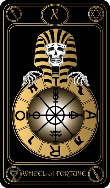   Çarkıfelek. Binbaşı Arcana 'nın siyah ve altın tarot kartlarının 10. kartı. Tarot güvertesi. Vektör el, kafatasları, okült, mistik ve esrarengiz sembollerle çizilmiş..