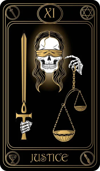   - Adalet. Binbaşı Arcana 'nın siyah ve altın tarot kartlarının 11. kartı. Tarot güvertesi. Vektör el, kafatasları, okült, mistik ve esrarengiz sembollerle çizilmiş..