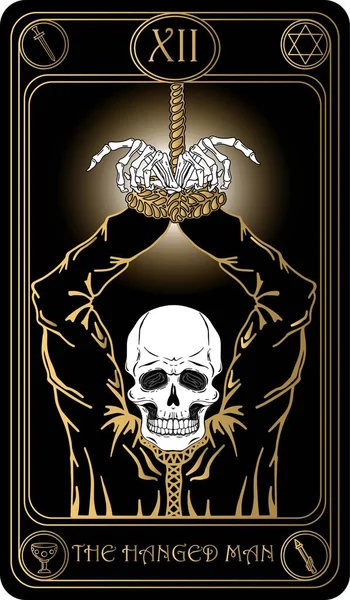   Asılan adam. Binbaşı Arcana 'nın siyah ve altın tarot kartlarının 12. kartı. Tarot güvertesi. Vektör el, kafatasları, okült, mistik ve esrarengiz sembollerle çizilmiş..