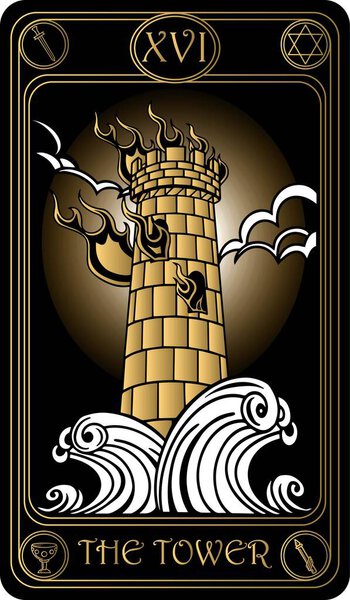   The tower. The 16th card of Major arcana black and gold tarot cards. Tarot deck. Vector hand drawn illustration with skulls, occult, mystical and esoteric symbols.