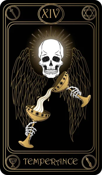 テンペランス 14枚目のアルカナ ブラックとゴールドのタロットカード タロットデッキ 頭蓋骨 オカルト 神秘的で密教のシンボルを持つベクトル手描きのイラスト — ストックベクタ