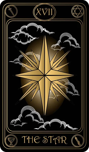   Yıldız. Binbaşı Arcana 'nın siyah ve altın tarot kartlarının 17. kartı. Tarot güvertesi. Vektör el, kafatasları, okült, mistik ve esrarengiz sembollerle çizilmiş..