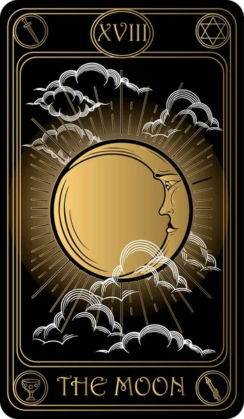   Ay. Binbaşı Arcana 'nın siyah ve altın tarot kartlarının 18. kartı. Tarot güvertesi. Vektör el, kafatasları, okült, mistik ve esrarengiz sembollerle çizilmiş..