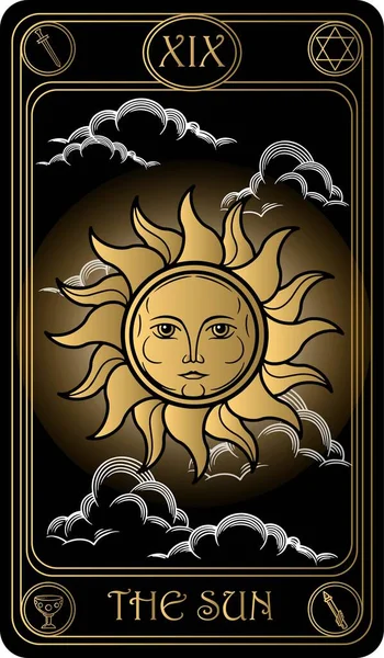   Güneş. Binbaşı Arcana 'nın siyah ve altın tarot kartlarının 19. kartı. Tarot güvertesi. Vektör el, kafatasları, okült, mistik ve esrarengiz sembollerle çizilmiş..