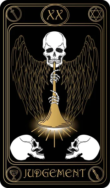   Yargılama. Binbaşı Arcana 'nın siyah ve altın tarot kartlarının 20. kartı. Tarot güvertesi. Vektör el, kafatasları, okült, mistik ve esrarengiz sembollerle çizilmiş..