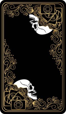   Siyah ve altın tarot kartları. Ters taraf. Tarot güvertesi. Vektör el, kafatasları, okült, mistik ve esrarengiz sembollerle çizilmiş..