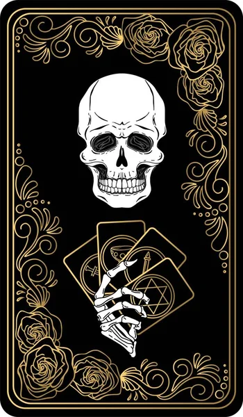   Siyah ve altın tarot kartları. Ters taraf. Tarot güvertesi. Vektör el, kafatasları, okült, mistik ve esrarengiz sembollerle çizilmiş..