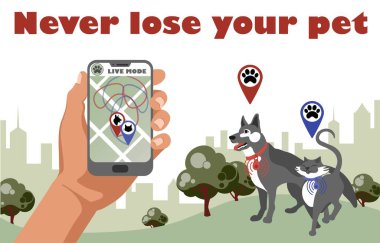   Yürüyen kedi ve köpek için GPS kontrol cihazı. Hayvan izleme uygulaması. Şehir haritası ve navigasyon iğneli akıllı telefon evcil hayvan hareketlerini gösteriyor. İzleme uygulaması.