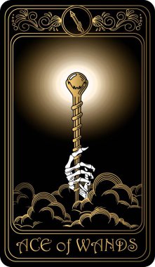   Ace of wands. Card of Minor arcana black and gold tarot cards. Tarot deck. Vector hand drawn illustration with skulls, occult, mystical and esoteric symbols. clipart