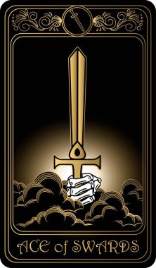   Kılıç ası. Minor Arcana 'nın siyah ve altın tarot kartları. Tarot güvertesi. Vektör el, kafatasları, okült, mistik ve esrarengiz sembollerle çizilmiş..
