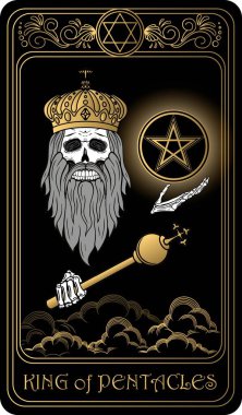   Beş köşeli yıldızların kralı. Minor Arcana 'nın siyah ve altın tarot kartları. Tarot güvertesi. Kafatası, okült, mistik ve esrarengiz sembollerle çizilmiş vektör eli.