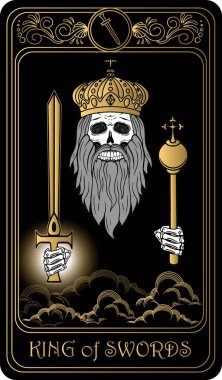   Kılıçların kralı. Minor Arcana 'nın siyah ve altın tarot kartları. Tarot güvertesi. Kafatası, okült, mistik ve esrarengiz sembollerle çizilmiş vektör eli.