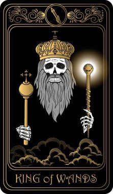   Asa papazı. Minor Arcana 'nın siyah ve altın tarot kartları. Tarot güvertesi. Vektör el, kafatasları, okült, mistik ve esrarengiz sembollerle çizilmiş..