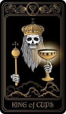   Kupa papazı. Minor Arcana 'nın siyah ve altın tarot kartları. Tarot güvertesi. Vektör el, kafatasları, okült, mistik ve esrarengiz sembollerle çizilmiş..