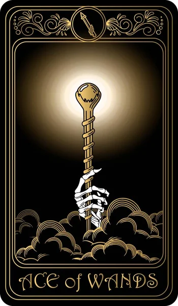   Asa ası. Minor Arcana 'nın siyah ve altın tarot kartları. Tarot güvertesi. Vektör el, kafatasları, okült, mistik ve esrarengiz sembollerle çizilmiş..
