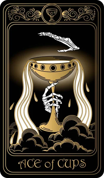   Kupa ası. Minor Arcana 'nın siyah ve altın tarot kartları. Tarot güvertesi. Vektör el, kafatasları, okült, mistik ve esrarengiz sembollerle çizilmiş..