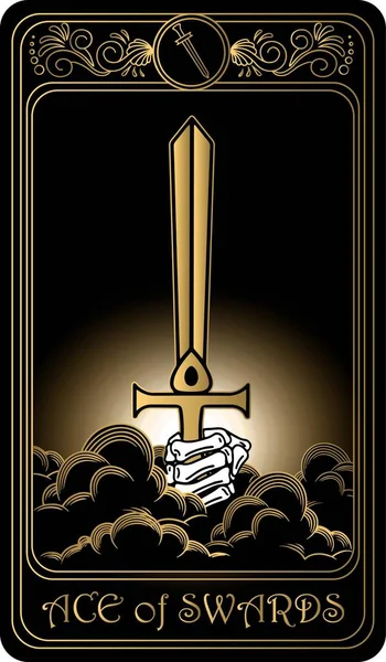 剑的王牌 小羊驼牌黑色和金色塔罗牌 塔罗牌用骷髅 神秘学 神秘学和深奥的符号绘制矢量手绘图解 — 图库矢量图片