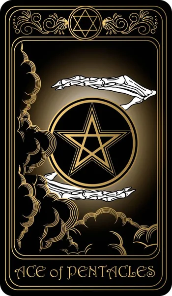   Beş köşeli yıldız ası. Minor Arcana 'nın siyah ve altın tarot kartları. Tarot güvertesi. Vektör el, kafatasları, okült, mistik ve esrarengiz sembollerle çizilmiş..