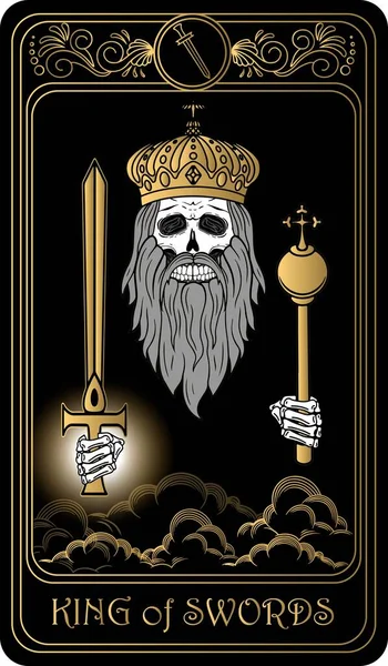 Koning Van Zwaarden Kaart Van Kleine Arcana Zwarte Gouden Tarot — Stockvector