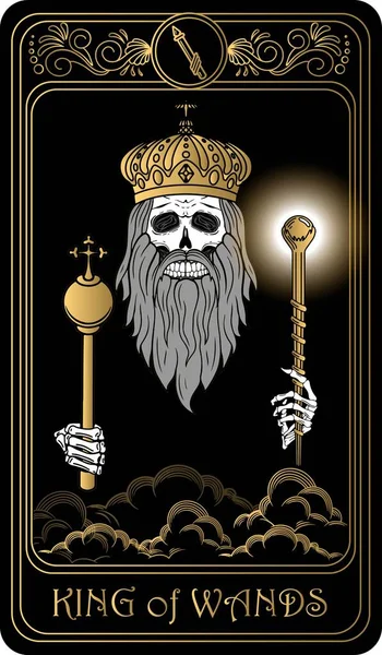 Koning Van Toverstokken Kaart Van Kleine Arcana Zwarte Gouden Tarot — Stockvector
