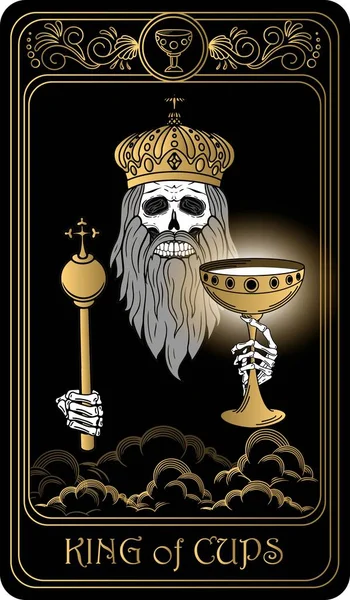   Kupa papazı. Minor Arcana 'nın siyah ve altın tarot kartları. Tarot güvertesi. Vektör el, kafatasları, okült, mistik ve esrarengiz sembollerle çizilmiş..