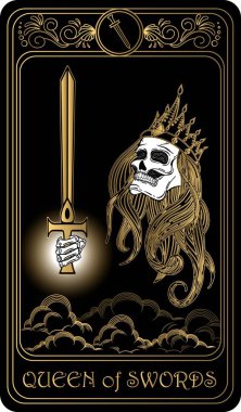   Kılıçların Kraliçesi. Minor Arcana 'nın siyah ve altın tarot kartları. Tarot güvertesi. Kafatası, okült, mistik ve esrarengiz sembollerle çizilmiş vektör eli.