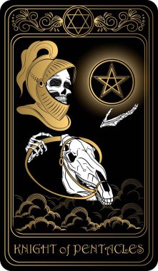   Knight of pentacles. Card of Minor arcana black and gold tarot cards. Tarot deck. Vector hand drawn illustration with skull, occult, mystical and esoteric symbols. clipart