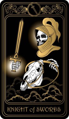   Kılıç Şövalyesi. Minor Arcana 'nın siyah ve altın tarot kartları. Tarot güvertesi. Kafatası, okült, mistik ve esrarengiz sembollerle çizilmiş vektör eli.