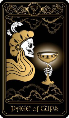   Kupa sayfası. Minor Arcana 'nın siyah ve altın tarot kartları. Tarot güvertesi. Kafatası, okült, mistik ve esrarengiz sembollerle çizilmiş vektör eli.