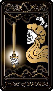   Kılıç Sayfası. Minor Arcana 'nın siyah ve altın tarot kartları. Tarot güvertesi. Kafatası, okült, mistik ve esrarengiz sembollerle çizilmiş vektör eli.