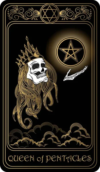   Beş köşeli yıldızların kraliçesi. Minor Arcana 'nın siyah ve altın tarot kartları. Tarot güvertesi. Kafatası, okült, mistik ve esrarengiz sembollerle çizilmiş vektör eli.